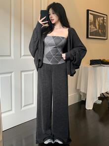 DAZY Women's Diamond Pattern Print Tube Top, Wide Leg Pants And Cardigan 3 Pieces Set - Grey - View 2