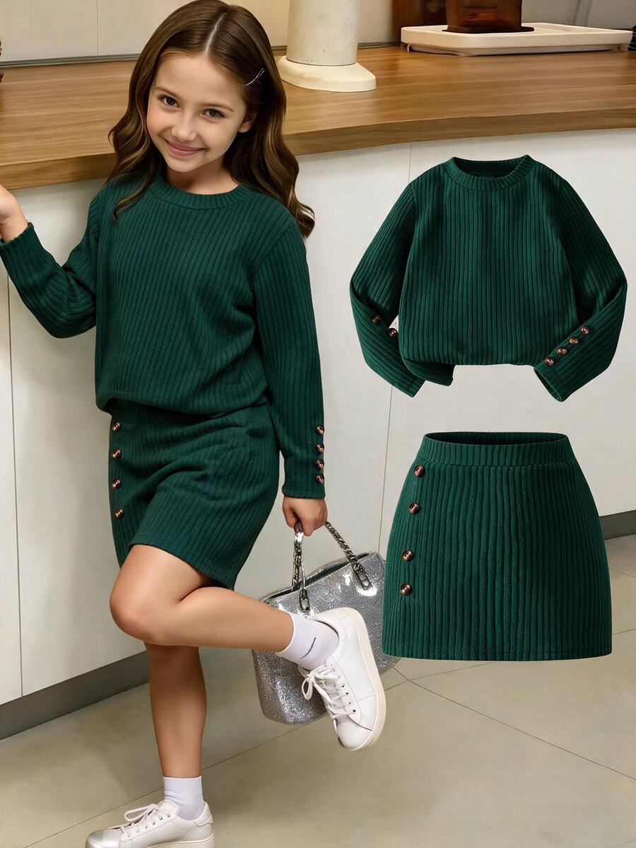 Elladie kids 2件組少女粉色紋理長袖T恤與紋理鈕扣裙,秋季穿搭 - 墨綠色 - 查看 1
