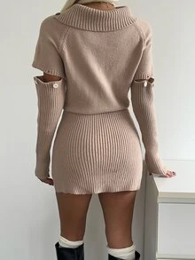 Sweetra Asymmetrical Collar Detachable Sleeve Knit Dress - Mocha Brown - View 2