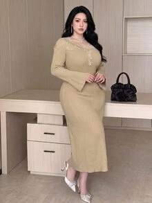 Modelyn Plus Size Women's Contrast Lace Bell Sleeve Elegant Knit Dress - Khaki - View 3