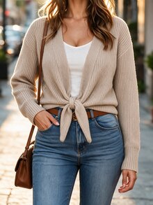 Velvienne Plus Size Women's V-Neck Tie-Front Knit Cardigan - Khaki - View 6