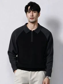 Claim Dot Men's Patchwork Raglan Sleeve Half Zipper Front Casual Sweater, Simple Design, Fall/Winter - Black - View 3