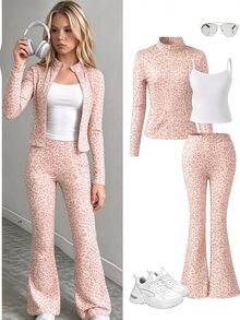 SHEIN 女童白色3件套，立領夾克 + 吊帶背心 + 喇叭褲，修身版型，溫柔優雅牛仔風 80年代，校園運動秋季穿搭 - 粉色 - 查看 3