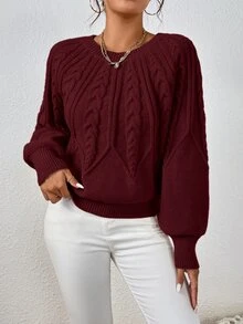 EMERY ROSE Cable Knit Lantern Sleeve Sweater,Long Sleeve Tops Knit Pullover Fall Winter - Burgundy - View 5