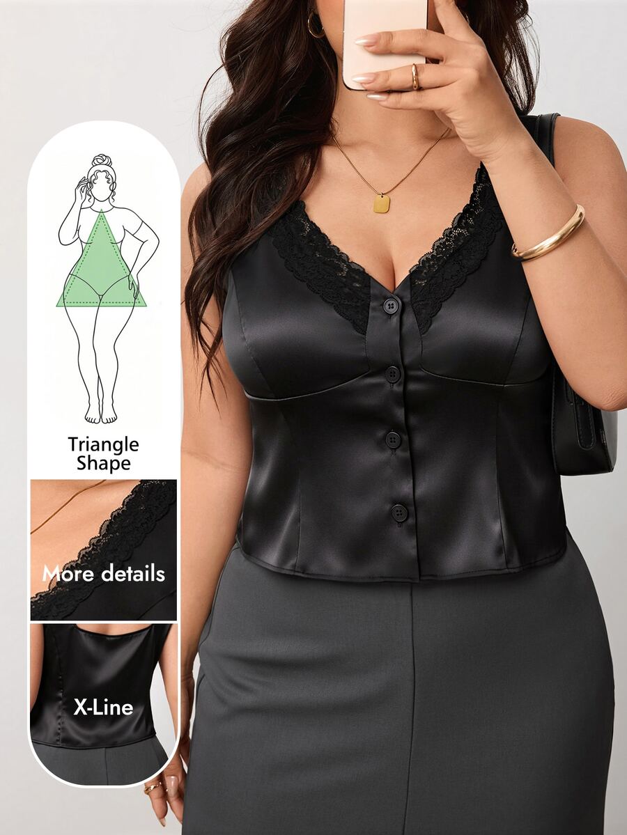 Enliva Áo vest sát nách size lớn bằng satin viền ren cổ chữ V cài nút trước cho dáng người quả lê và dáng tam giác - màu đen - Xem 1