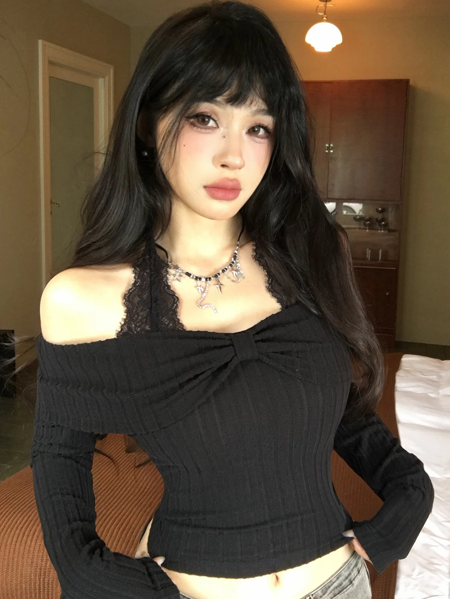 DAZY Women's Korean Style Lace Patchwork Cold Shoulder Long Sleeve T-Shirt - Black - View 1