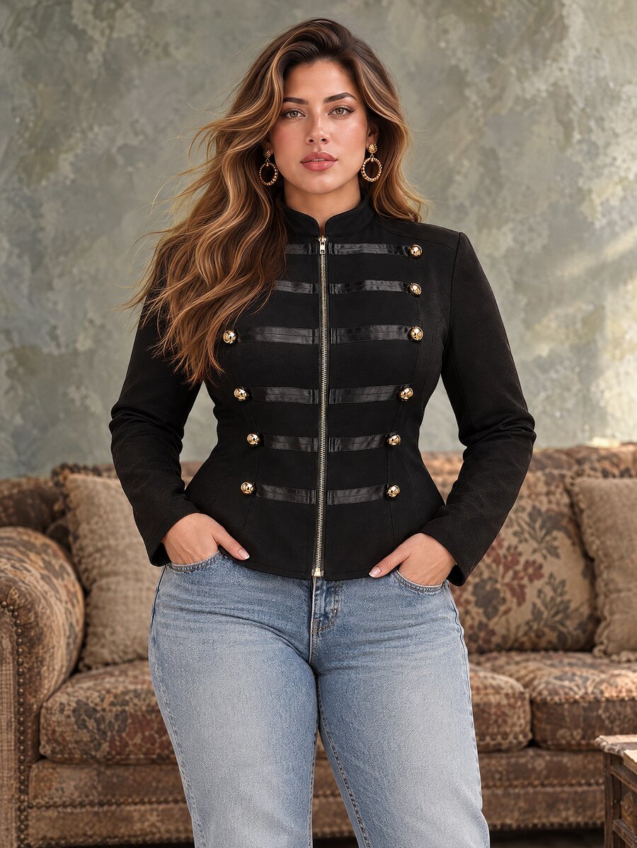 Ceyna Plus Size Solid Color Elegant Minimalist Decorative Button Short Double-Breasted Napoleon Style Cardigan Jacket - Black - View 1