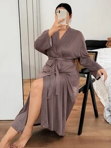 Napfluff CURVE Napfluff CURVE Plus Size Women Casual Knit Striped Cardigan Tie-Front Loungewear Robe - Brown - View 5