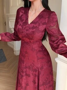 DAZY V-Neck Jacquard Elegant Women's Midi Dress - Red Violet - View 5