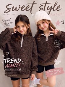 SHEIN Sweetra Young 青少年女孩抓絨秋季休閒簡約拉鍊式落肩衛衣，秋冬保暖舒適日常長袖穿搭 - 棕色 - 查看 1