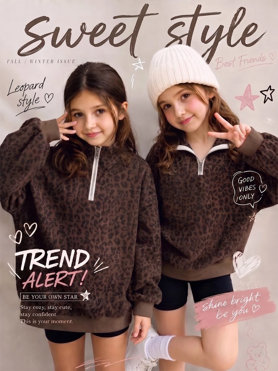 SHEIN Sweetra Young 青少年女孩抓絨秋季休閒簡約拉鍊式落肩衛衣,秋冬保暖舒適日常長袖穿搭 - 棕色 - 查看 1
