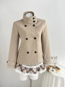 Elamini Autumn/Winter Casual Commute Oatmeal Color Double-Breasted Stand Collar Wool Blend Loose Fit Fashionable Coat - Khaki - View 3