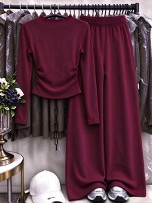 SHEIN Tween Girls 2 Pcs Letter Print Long Sleeve Tops & Wide Leg Pants, Navy Pink Fall Winter Outfit - Burgundy - View 2
