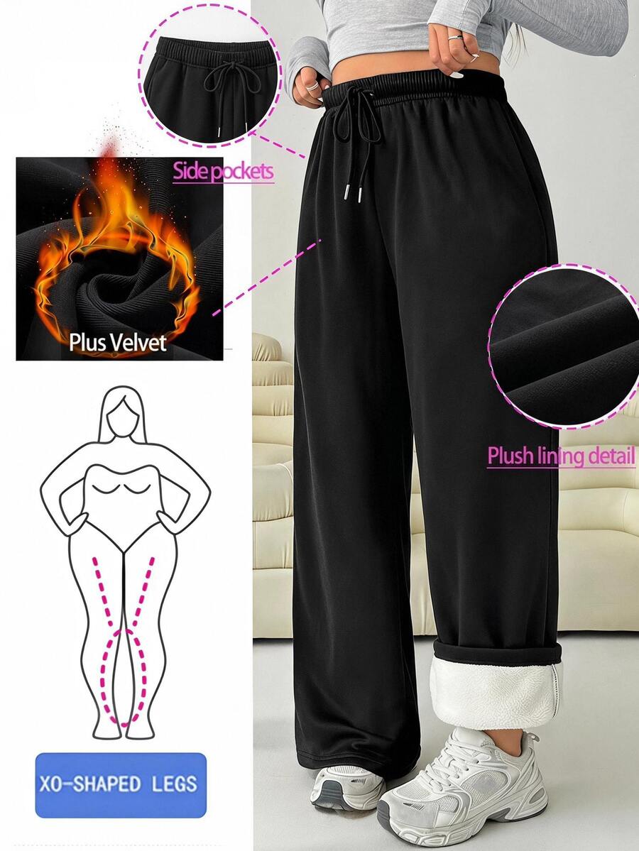 Solflare Plus Size Women's Drawstring Waist Solid Color Thermal Lined Sweatpants, Suitable For Autumn/Winter - Black - View 1