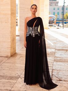 Glamrae Elegant Black Sequin Embroidered Mesh Patchwork Asymmetrical Shoulder 2 In 1 A-Line Evening Gown - Black - View 4