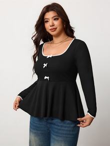 Enliva Plus Size Women's Color Block Collar Butterfly Decoration Long-Sleeve T-Shirt Apple,Rounded Body - Black and White - View 4