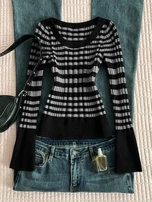 Elamini Women's Autumn/Winter Lazy Striped Fitted Long Sleeve Knit Top - Black - View 1