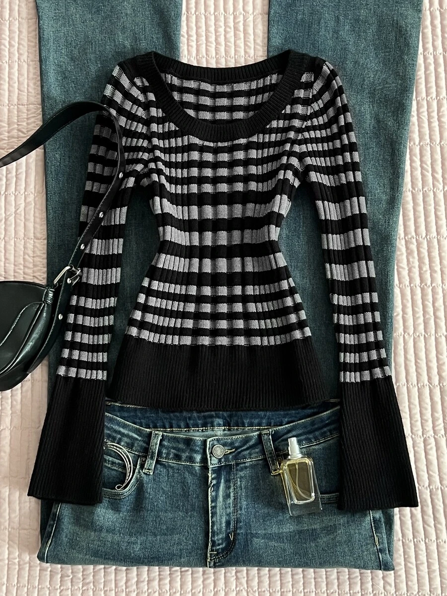 Elamini Women's Autumn/Winter Lazy Striped Fitted Long Sleeve Knit Top - Black - View 1