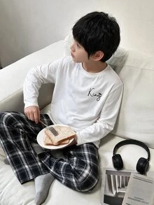 SHEIN 大童男孩字母印花長袖上衣與長褲休閒日常居家睡衣套裝 - 彩色 - 查看 1