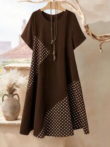 Rusticease Plus Size Geometric Print Round Neck Casual Short Sleeve Dress, Suitable For Summer - Coffee Brown - View 4