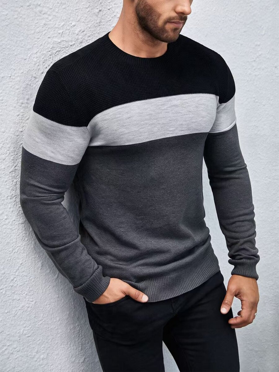 Marcello Vane 男士對比色塊圓領長袖針織套頭毛衣,深淺棕色,秋季休閒上班款,適合秋冬 - 灰色 - 查看 1