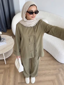 Solavon New Chinese Vintage Frog Button Loose Fit Elegant Everyday Versatile Outfit - Army Green - View 6