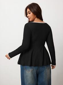 Enliva Plus Size Women's Color Block Collar Butterfly Decoration Long-Sleeve T-Shirt Apple,Rounded Body - Black and White - View 2