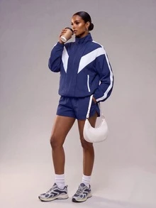 Zivah Women's Colorblock Long Sleeve Jacket And Shorts Casual Daily Sports Outfit Set - Multicolor - View 3