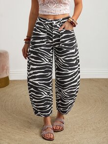 SHEIN PETITE 女款斑馬紋鈕扣口袋休閒日常牛仔褲 - 黑色 - 查看 5