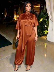 SOLERSUN Plus Size Elegant Asymmetrical Hem Top And Loose Satin Long Pants 2 Pieces Set Formal Party Olive Green Fall - Rust Brown - View 3