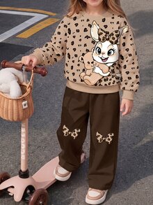 女童卡通印花長袖運動衫與寬鬆運動長褲套裝，適合外出與運動 - 彩色 - 查看 3