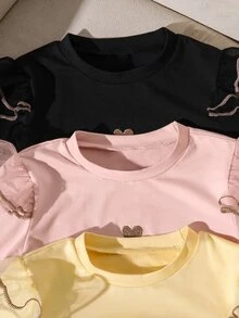 SHEIN 3件組女童秋冬荷葉袖針織刺繡愛心長袖T恤 開學季 黑色 嬰兒粉 白色 仙女風 - 彩色 - 查看 3