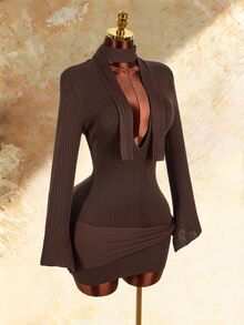 Amplova Deep V-Neck Backless Long Flare Sleeve Bodycon Ruched Tie-Up Bow Knot Sweater Dress With Free Scarf For Women - Brown - View 7