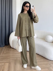 Solavon New Chinese Vintage Frog Button Loose Fit Elegant Everyday Versatile Outfit - Army Green - View 3