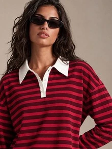 Athîral 女款休閒紅色條紋翻領長袖 Polo 衫，寬鬆版型，學院風，適合秋季、外出、聖誕節 - 紅色 - 查看 5