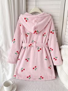 SHEIN Tween Girl Cherry Print Long Sleeve Pajama Robe Loungewear - Pink - View 6