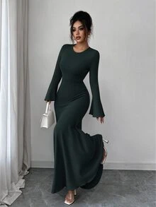 Elenzga 女款優雅成熟彈性修身魚尾下擺荷葉袖洋裝，秋冬早午餐晚餐米色 - 墨綠色 - 查看 6