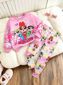 THE POWERPUFF GIRLS X SHEIN 2件組女孩卡通圖案印花長袖運動衫與內搭褲套裝 粉色休閒日常穿著 春秋款 - 彩色 - 查看 5