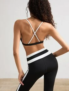 VARSIVA Women's Colorblock Halter Bra And Long Pants Casual Daily Sports Set - Black and White - View 1