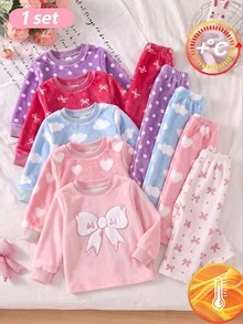 SHEIN 女嬰甜美可愛粉色法蘭絨圓領長袖寬鬆版型2件式睡衣套裝，秋冬蝴蝶結印花保暖加厚柔軟親膚居家睡衣 - 淺粉色 - 查看 8
