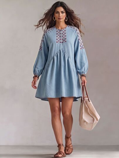 SHEIN Holidaya Plus Size Women's Embroidered Pleated Denim Dress