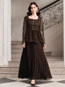 Anewsta Women's Vintage Coffee Color Lace Square Neck Long Sleeve Rhinestone Button Ruffle Pleated Long Dress Elegant - Brown - View 3