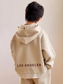 SHEIN 大童男孩卡其色韓系寬鬆字母印花連帽衛衣＋鬆緊腰長褲套裝，秋季街頭風，適合開學返校、戶外玩耍、派對 - 卡其色 - 查看 3