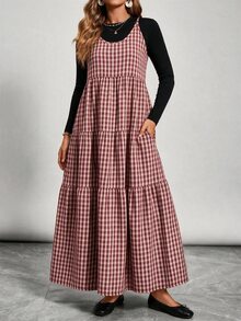 Freevana 大尺碼女款復古休閒格紋洋裝，秋冬季 - 酒紅色 - 查看 3