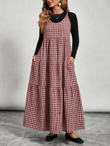Freevana 大尺碼女款復古休閒格紋洋裝，秋冬季 - 酒紅色 - 查看 4
