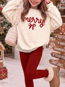 SHEIN 柔滑奶油白波點甜美復古女孩蝴蝶結 MERRY 圖案印花女童休閒套裝，內刷毛鬆款圓領套頭衛衣與刷毛內裡內搭褲套組，秋冬新款日常穿著、外出、假日派對、度假、聖誕穿搭，復古甜美女孩慵懶舒適風 - 彩色 - 查看 5