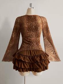 SHEIN ICON Plus Size Women's Deer Spotted Print Pleated Top - Brown - View 3