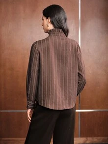 Anewsta Women's Elegant Urban Striped Long Sleeve Loose Fit Shirt For Home, Commute, Daily Wear And Office - Brown - View 8
