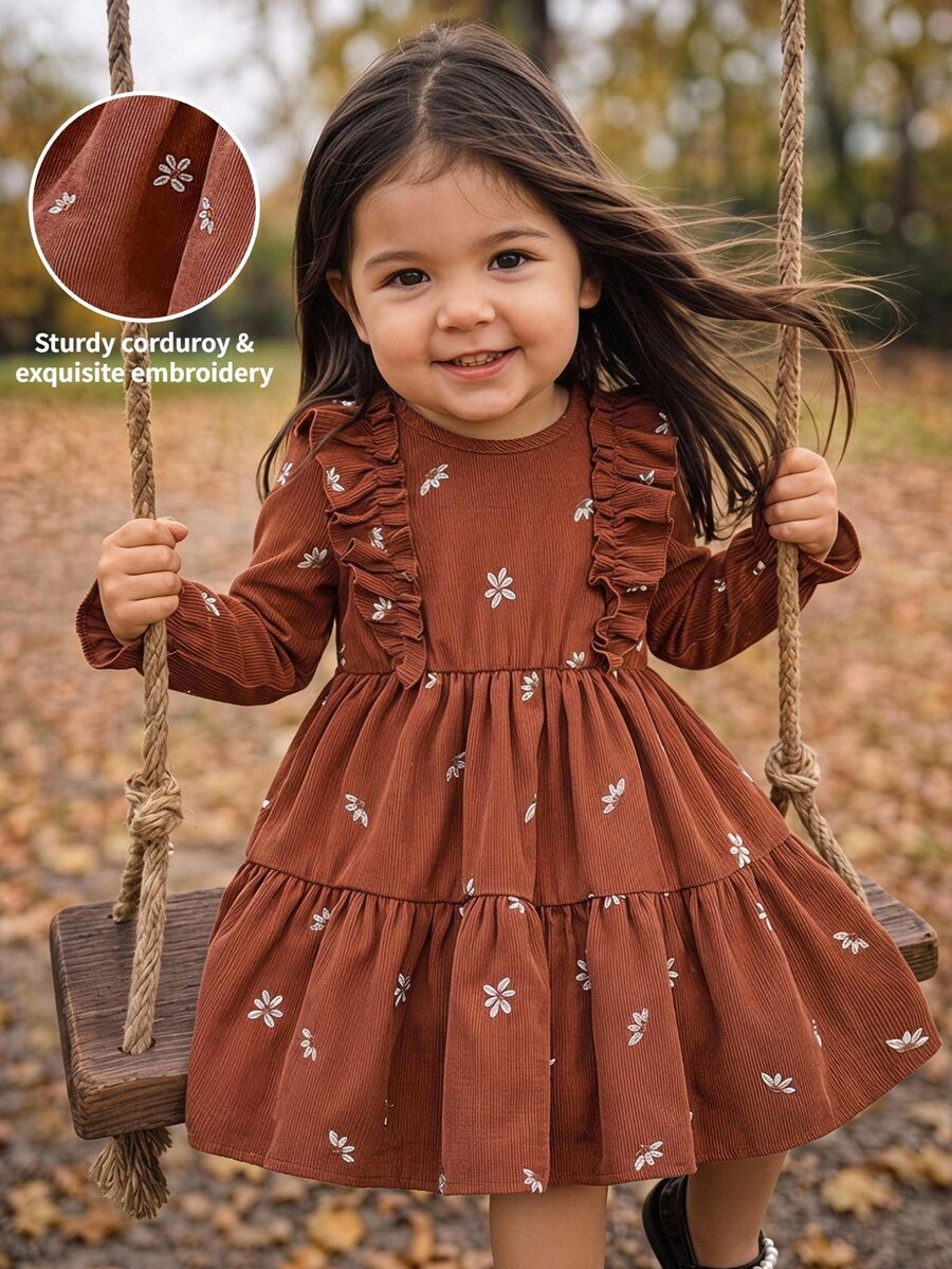 SHEIN Baby Girl Woven Embroidered Corduroy Casual Dress, Autumn/Winter - Multicolor - View 1