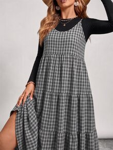 Freevana 大尺碼女款復古休閒格紋洋裝，秋冬季 - 黑與白 - 查看 1